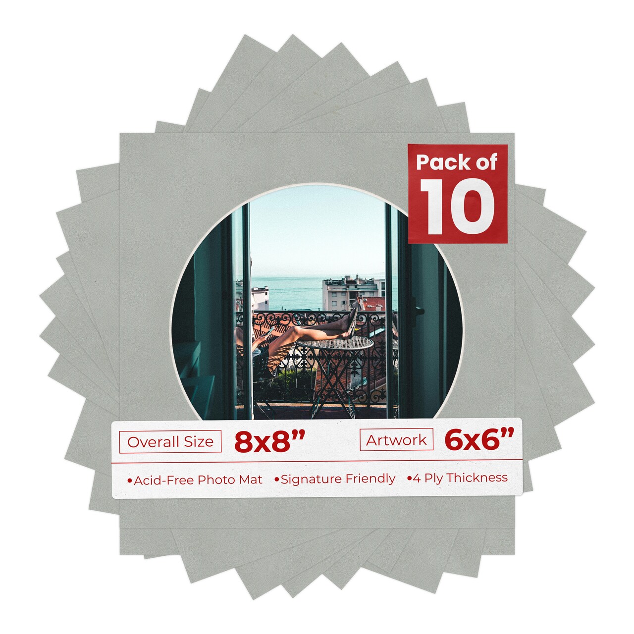 Light Grey Suede Mat Board for 8x8 Frames - Circle Opening for 6x6 Photos